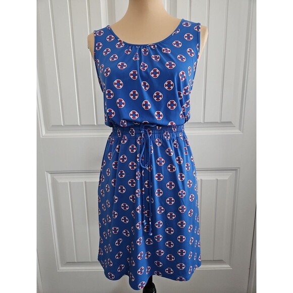 Cynthia Rowley Nautical Dress Blue Red White M Life Preserver Elastic Waist - Picture 1 of 8